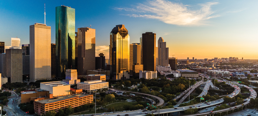 Skyline view of Houston at sunrise 